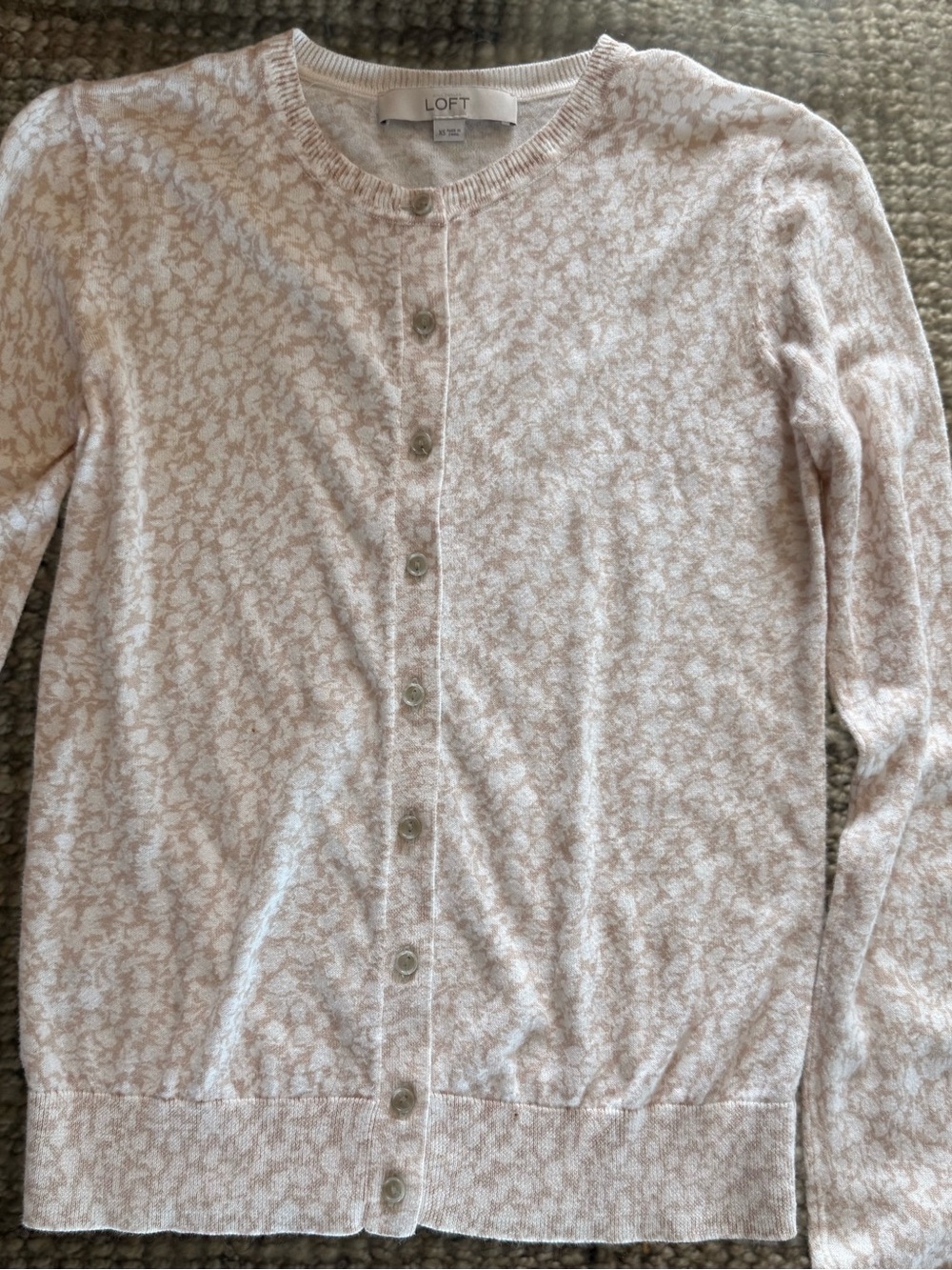 LOFT Pink and Cream Floral-Print Crewneck Cardigan XS